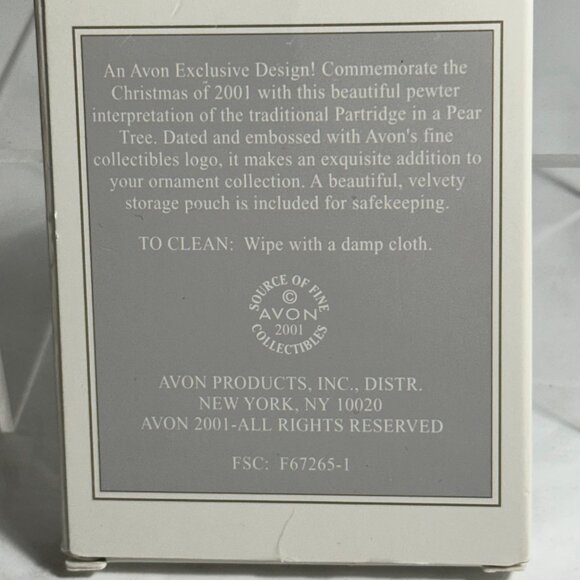Avon 2001 Pewter Partridge In A Pear Tree Christmas Ornament With Box - Picture 5 of 5